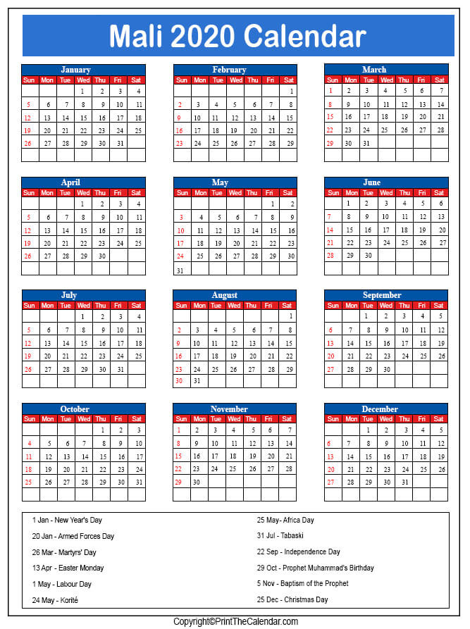 Mali Printable Calendar 2020